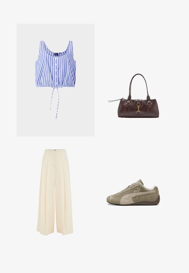 Niebieski i biały prążkowany crop top z okrągłym dekoltem, z przodu zapinany na guziki, z elastycznym dołem i związanym detalem na dole. Wykonany z lekkiego materiału.; Spodnie o szerokich nogawkach w jasnym beżowym kolorze, z plisowanym przodem, wysokim stanem i gładką fakturą. Brak widocznych elementów metalowych lub wzorów.; Zamszowe sneakersy w jasnobrązowym kolorze z ciemniejszymi akcentami, charakteryzujące się niskim profilem, sznurowanym zapięciem oraz logiem marki z boku.; Ciemnobrązowa skórzana torebka z dwoma górnymi uchwytami, złotymi akcentami metalowymi, detalem z zatrzaskiem z przodu oraz wyszywanymi teksturami po bokach.