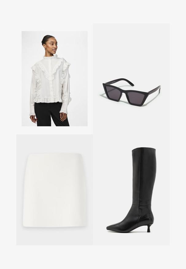 Camicia bianca con bottoni, con bordo arricciato lungo le spalle e l'orlo, caratterizzata da un colletto alto e maniche lunghe, realizzata in tessuto leggero.; Mini gonna bianca, aderente, con una texture liscia e linee pulite. Nessun motivo visibile o accessori. Orlo dritto sul fondo.; Zign Stivali alti - black; Occhiali da sole neri e angolari con lenti grigie; realizzati in plastica, con aste spesse dalla superficie liscia e senza hardware visibile.; Borsa a pochette nera in suede con chiusura a zip e tracolla rimovibile. Presenta hardware in tonalità oro e una texture liscia e opaca.