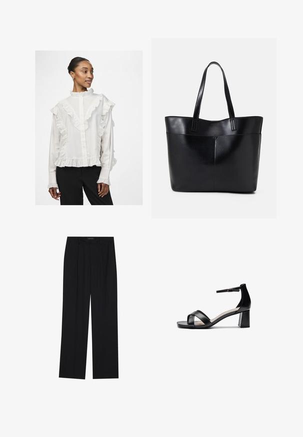 Camicia bianca con bottoni, con bordo arricciato lungo le spalle e l'orlo, caratterizzata da un colletto alto e maniche lunghe, realizzata in tessuto leggero.; Pantaloni neri con un design a gamba dritta, dotati di due tasche frontali e di una vita. Realizzati in un tessuto morbido e leggero.; Sandalo con tacco aperto nero, con cinturini incrociati, fibbia regolabile alla caviglia e tacco spesso, con una texture in pelle liscia.; Borsa a tracolla in pelle nera con due manici lunghi, una texture liscia e una forma strutturata. Presenta una tasca frontale per ulteriore spazio di archiviazione.
