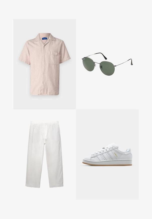 Jack & Jones JORATLAS RESORT - Overhemd - brown; Witte katoenen t-shirt met korte mouwen, ronde hals en een relaxed fit. Gladde textuur zonder zichtbare patronen of accenten.; Witte linnen broeken met een elastische tailleband met koord, een wijd been ontwerp en schone naden. Glad textuur met een casual pasvorm.; Witte sneaker met geperforeerd design met drie strepen, gestructureerde accenten, een rubberen zool en het "CAMPUS" logo in het goud aan de zijkant.; Metalen zonnebril met ovale groene lenzen. Dunne zilveren metalen rand en zwarte oorstoppers. Minimalistisch ontwerp, zonder zichtbare logo's.