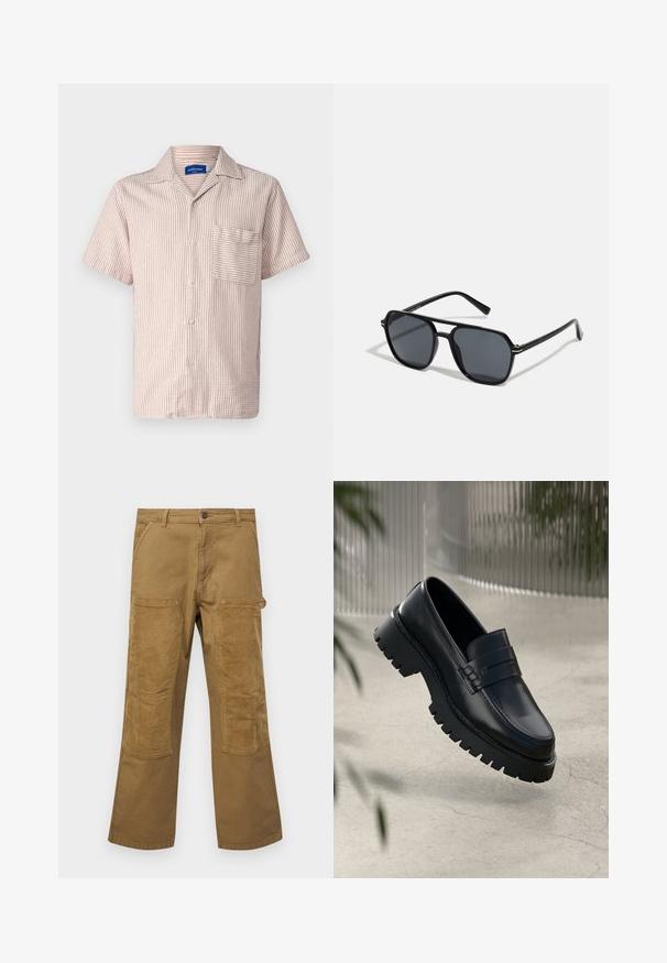 Jack & Jones JORATLAS RESORT - Camisa - brown; Pantalones cargo de algodón marrón con parches de tejido acanalado en contraste, corte recto, cinco bolsillos y cierre de botón.; Mocasines de cuero negro con suela gruesa, que presentan una correa decorativa y detalles de costura. Textura suave con un acabado pulido.; Gafas de sol negras con montura octogonal, lentes oscuros, acabado brillante, varillas delgadas y acentos dorados en la parte frontal.