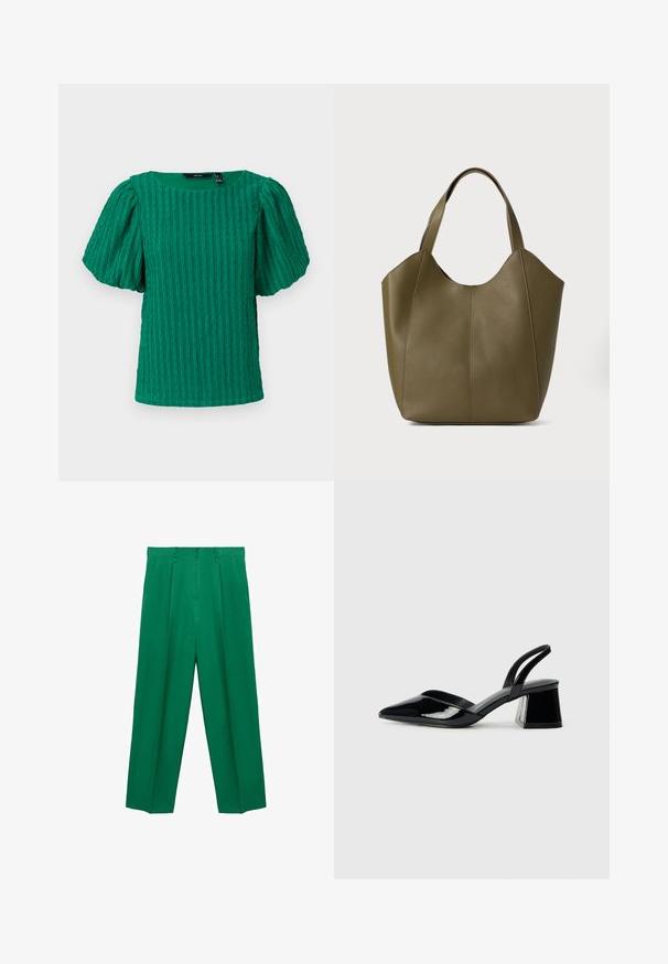 Grøn, tekstureret kortærmet top med firkantet udskæring og pufærmer. Har vertikale ribbede detaljer i hele stoffet.; Grønne vide bukser med høj talje, plisseret front, glat tekstur og skræddersyet silhuet. Ingen synlige detaljer eller mønstre.; Sorte patentlæder slingback hæle med spids tå og en geometrisk blok hæl. Har et elegant, minimalistisk design og en glat tekstur.; Oliven grøn læder tote taske med dobbelte håndtag, glat tekstur og fire panel design. Forstærket syning langs sømmene for holdbarhed.