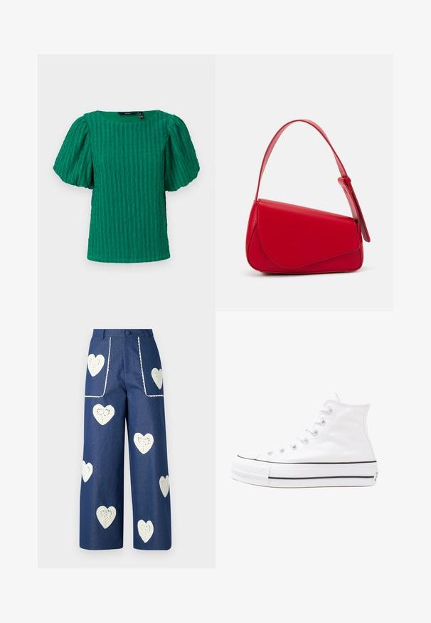 Zaļa teksturēta īsām piedurknēm augšdaļa ar kvadrātveida dekoltē un puffed piedurknēm. Satur vertikālus ribotu detaļas visā audumā.; Sister Jane HEART TO HEART - Džinsi ar taisnām starām - blue denim; Balti augstie kanvas sporta apavi ar melnu gumijas zoli, priekšējo gumijas purngalu un sešām acīm lencēm, kuriem ir tīrs, minimālistisks dizains.; Sarkans ādas rokassomi ar stūrainu, ģeometrisku dizainu. Iekļauj vienu regulējamu siksnu un vāku ar izšūtu detaļu.