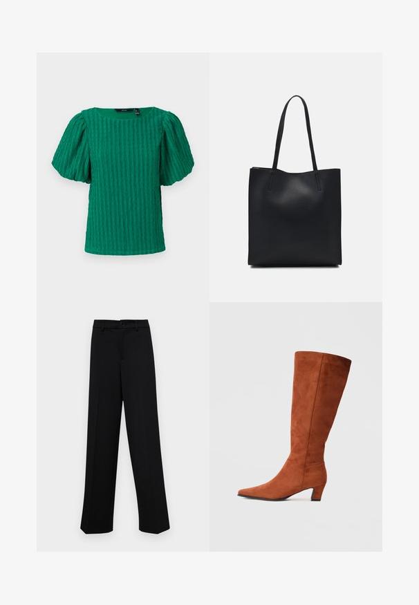 Zelený textúrovaný top s krátkymi rukávmi, s nárokom na štvorcový výstrih a vypchatými rukávmi. Obsahuje vertikálne prúžkované detaily na celom materiáli.; Čierne široké nohavice vyrobené z hladkej látky, s klasickým pásom a zapínaním na gombík, a prednými skladmi.; Hnedé semišové vysoké čižmy po kolená s špicatou špičkou a malým blokovým podpätkom, s hladkou textúrou a minimalistickým dizajnom.; Čierna kožená taška na rameno s hladkým povrchom, obdĺžnikovým tvarom a dvoma dlhými uchami. Bez viditeľného kovania alebo ozdôb.