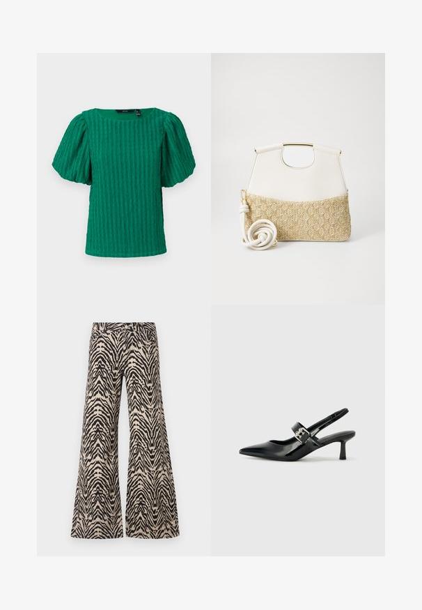 Green textured short-sleeve top with a square neckline and puffed sleeves. Features vertical ribbed details throughout the fabric.; Wide-leg pants made of fabric with a beige and black zebra print pattern, featuring a high waist and traditional five-pocket design.; Black patent leather slingback heels with a pointed toe and a small block heel, featuring a silver buckle accent on the strap.; White leather handbag with a textured cream woven fabric bottom. Features a gold-tone handle and a coiled white strap for versatility.