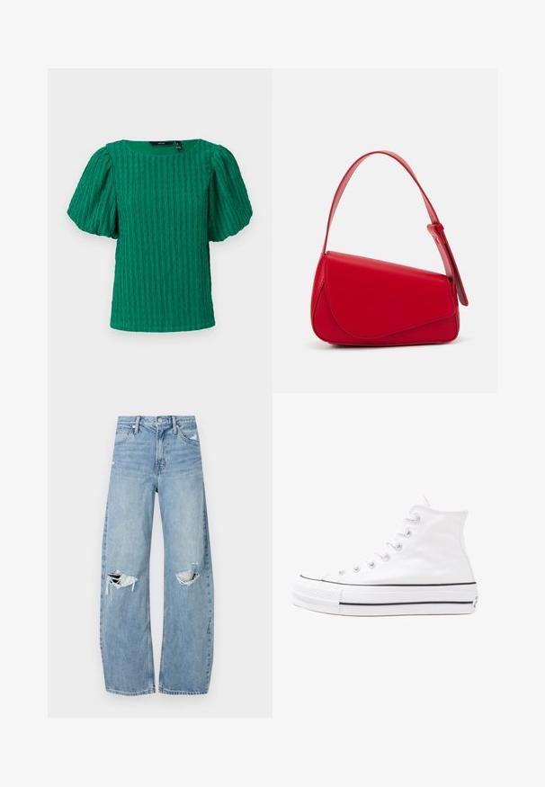 Green textured short-sleeve top with a square neckline and puffed sleeves. Features vertical ribbed details throughout the fabric.; Light blue, high-waisted jeans made of denim. Feature wide legs, two torn knee areas, and classic five-pocket styling.; White high-top canvas sneaker with black rubber sole, front rubber toe cap, and six eyelets for laces, featuring a clean, minimalist design.; Red leather handbag with an angular, geometric design. Features a single adjustable strap and a flap closure with stitched detailing.