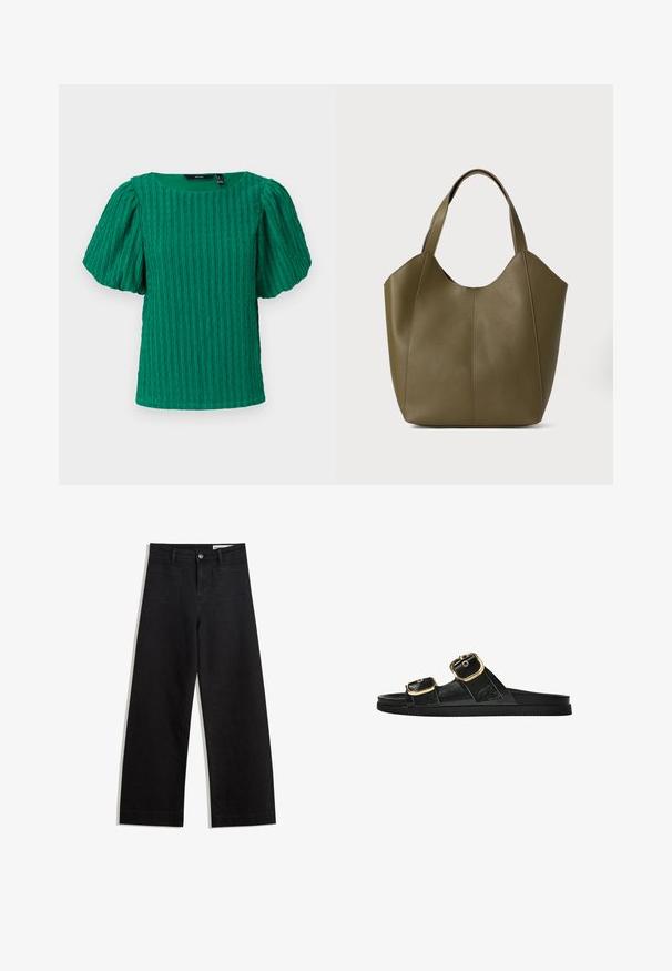 Zielona, teksturowana bluzka z krótkim rękawem, z kwadratowym dekoltem i bufkami. Posiada pionowe detale prążkowane na całej powierzchni materiału.; Czarne dżinsowe spodnie o szerokich nogawkach i wysokim stanie, z przednimi i tylnymi kieszeniami, przeszyciami oraz zapięciem na guziki. Gładka struktura.; Czarne klapki z dwoma złotymi klamrami, gładki materiał, płaska podeszwa i minimalistyczny design.; Torebka na ramię w oliwkowozielonym kolorze z podwójnymi uchwytami, gładka tekstura i czteropanelowa konstrukcja. Wzmocnione przeszycia wzdłuż szwów dla większej trwałości.