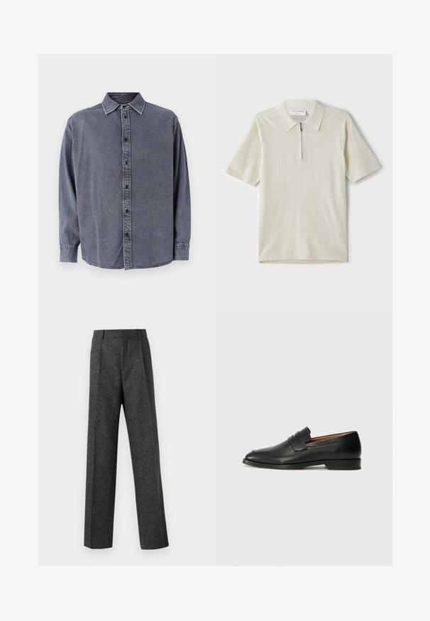 Šedá džínová košile s dlouhými rukávy, knoflíkovým zapínáním, límečkem a mírně zakřiveným lemem. Má jemnou texturu a subtilní vyblednutí.; Pánská polo košile s krátkým rukávem v světlé béžové barvě, s límcem na zip. Vyrobena z hladkého materiálu, s jednoduchým, moderním designem bez vzorů.; Šedé kalhoty na míru vyrobené z texturované tkaniny, s dvěma předními záhyby a rovnými nohavicemi. Bez viditelných kapes nebo ozdob.; Černé kožené mokasíny s kulatou špičkou, jemným prošíváním a nízkým podpatkem, s hladkým povrchem a minimalistickým designem.