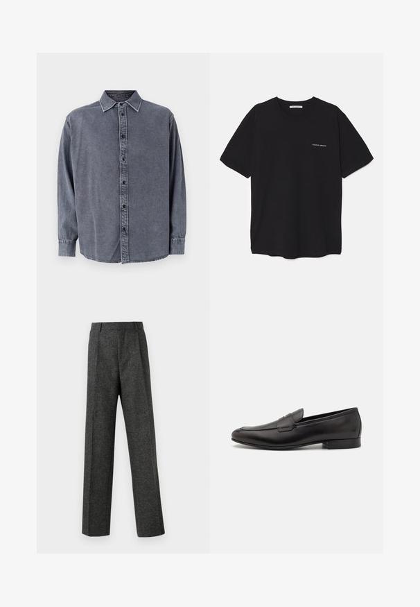 Šedá džínová košile s dlouhými rukávy, knoflíkovým zapínáním, límečkem a mírně zakřiveným lemem. Má jemnou texturu a subtilní vyblednutí.; Černé bavlněné tričko s kulatým výstřihem, krátkými rukávy a bílým logem potisknutým na levé straně hrudi. Jednoduchý, jednobarevný design.; Šedé kalhoty na míru vyrobené z texturované tkaniny, s dvěma předními záhyby a rovnými nohavicemi. Bez viditelných kapes nebo ozdob.; Černé kožené mokasíny s elegantním designem, zaoblenou špičkou a nízkým podpatkem. Mají dekorativní prošívaný detail na svršku.