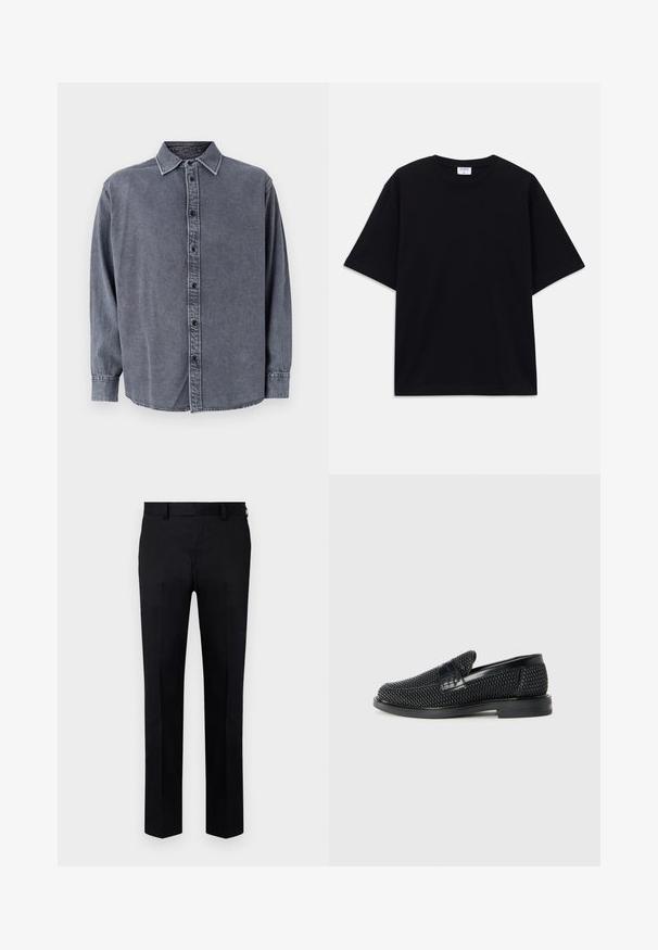 Grå denimskjorte med lange ærmer, knaplukning, krave og let buet kant. Har en blød tekstur og subtil falming.; Sort oversized T-shirt med korte ærmer og rund halsudskæring, med synlig Filippa K mærke indeni kraven.; Sorte bukser lavet af glat stof, med et lige ben-design, frontfolder og bæltestropper i taljen. Ingen synlige mønstre eller detaljer.; Sort vævet slip-on sko med en glat læderdetalje på overdelen, en rund tådesign og en lavprofil gummisål.