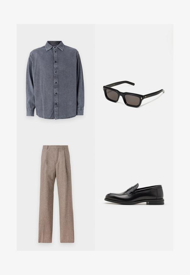 Grå denimskjorte med lange ærmer, knaplukning, krave og let buet kant. Har en blød tekstur og subtil falming.; Brune, højtaljede bukser lavet af tekstureret stof. Har brede ben og to frontfoldninger for struktur. Pæn finish uden synlig hardware.; Sorte læderloafers med en glat overflade, rund tå og en dekorativ strop over vampen. Lav hæl med stabeldesign, minimalistisk stil.; Sorte rektangulære solbriller med mørke glas, tyk plastisk ramme, guldtryk på stængerne og brandlogo indgraveret på armen.; Sort læder crossover taske med klaplukning, sølvfarvet hardware og to runde accenter. Har en aftagelig rem. Glat tekstur.