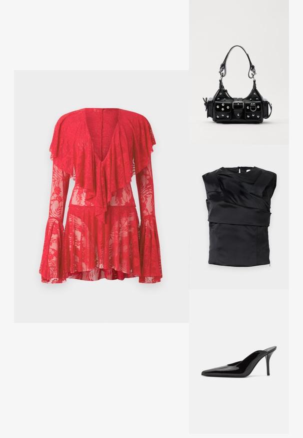 Musta satiinitoppi, jossa on rakenteellinen muotoilu leveillä hartioilla ja epäsymmetriseellä etupaneelilla, joka on suljettu vetoketjulla takana.; Punainen pitsimekko, jossa on pitkät, levenevät hihat, syvä V-pääntie, kerrokselliset röyhelöt ja kukkakuosiset yksityiskohdat. Läpikuultava rakenne korostaa sen suunnittelua.; Mustat patentoidut korkeakorkoiset mulesandaalit, joissa on terävä kärki ja sulavalinjainen siluetti. Kenkäparissa on avonainen takaosa ja hoikka stiletto-korko.; Musta nahkainen käsilaukku, jossa on kaareva muotoilu, hopeiset niitit, solki ja kaksi sivutaskua. Säädettävä olkahihna erilaisiin kantovaihtoehtoihin.