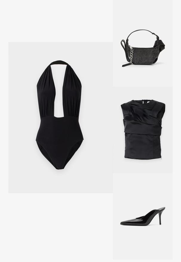 Sort satin top med en struktureret design, brede skuldre og en asymmetrisk frontpanel, lukket med en lynlås i ryggen.; Sort ét stykke badetøj med halterneck-design, dyb udskæring foran, sammenkrøllet stof ved barmen og en glat overflade.; Sorte lakerede højhælede mulesko med spids tå og en slank silhuet, der har åben hæl og en slank stilettohæl.; Sort håndtaske med naglede dekorationer, en kædestrop og et glat læderhåndtag, med en rund form og en lynlåslomme.