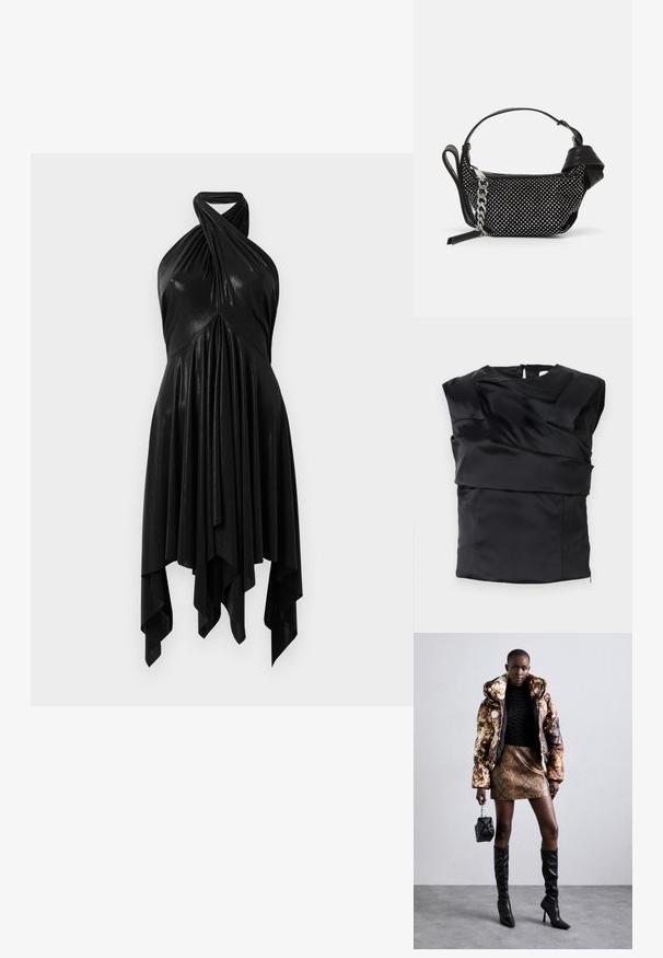 Top in satin nero con un design strutturato, spalle larghe e un pannello frontale asimmetrico, chiuso con una zip sul retro.; Abito nero a halter con un design drappeggiato. Realizzato in materiale lucido, con un colletto attorcigliato e un orlo asimmetrico. Texture morbida.; Giacca a vento con un motivo marrone e nero, abbinata a una mini gonna in stampa pitone marrone, stivali neri alti fino al ginocchio e una piccola borsa nera.; Borsa nera con un design texture, adornata con borchie argentate e una robusta tracolla in argento. Presenta una forma elegante e minimalista.