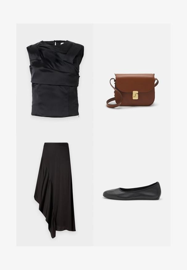 Top in satin nero con un design strutturato, spalle larghe e un pannello frontale asimmetrico, chiuso con una zip sul retro.; AERON ASTER SKIRT - Gonna a tubino - black; Pantofole da balletto nere in pelle con punta arrotondata, texture liscia, dettagli di cucitura minimi e design con suola flessibile.; Borsa a tracolla in pelle marrone con chiusura a pattina, hardware color oro, tracolla e una finitura liscia. Forma rettangolare compatta.