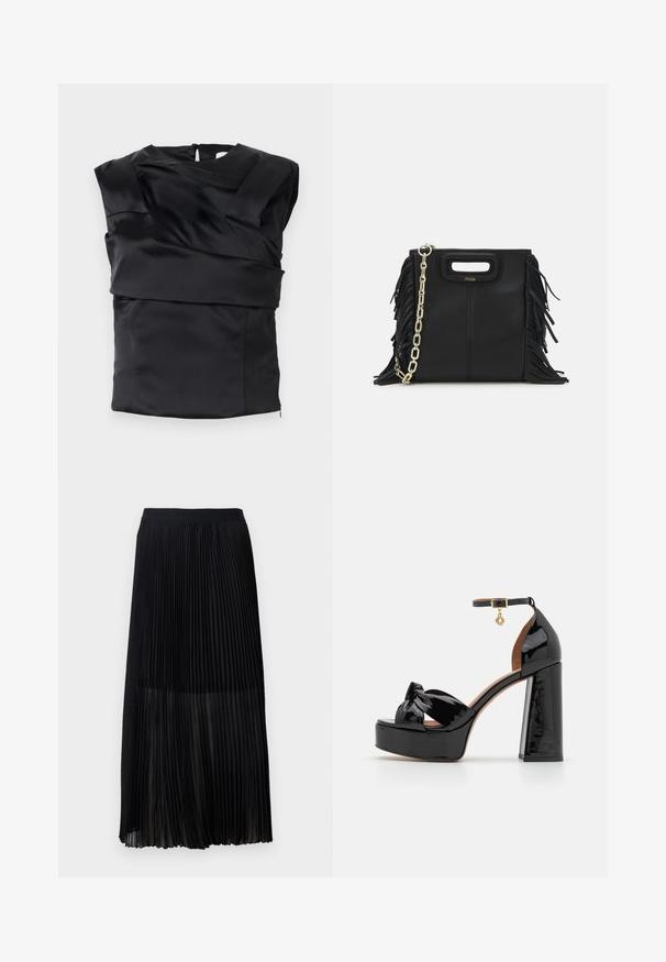 Schwarzes Satin-Top mit strukturiertem Design, breiten Schultern und asymmetrischem Vorderteil, das hinten mit einem Reißverschluss geschlossen wird.; Schwarzer, plissierter Midirock mit einem glatten, elastischen Bund und einer durchsichtigen Überlagerung, die feine vertikale Falten im gesamten Stoff aufweist.; Maje High Heel Sandalette - noir; Schwarze Lederhandtasche mit Fransen-Details, goldener Ketten-Schulterriemen und einem ausgeschnittenen Griff. Mit Logoplatzierung auf der Vorderseite.