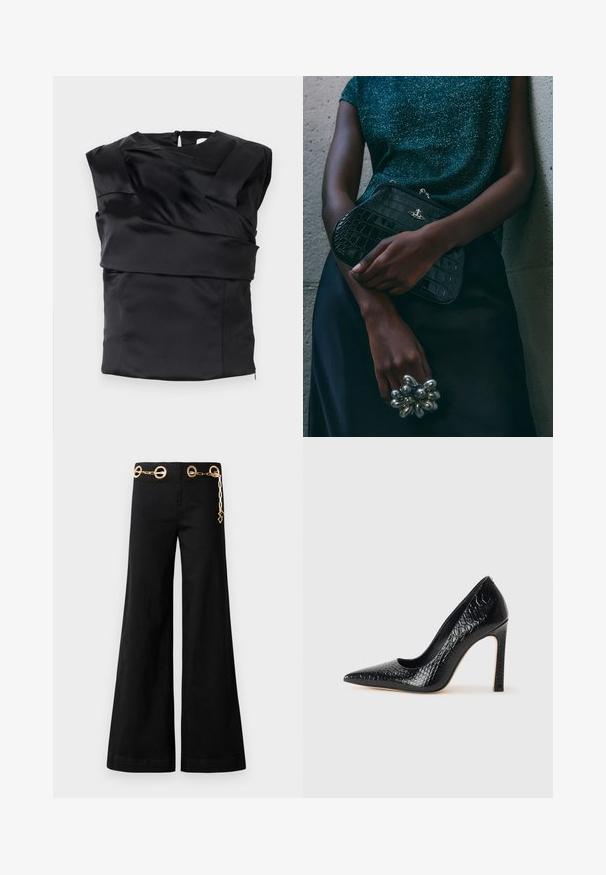 Schwarzes Satin-Top mit strukturiertem Design, breiten Schultern und asymmetrischem Vorderteil, das hinten mit einem Reißverschluss geschlossen wird.; Schwarze weit geschnittene Hosen aus Baumwolle mit goldenen runden Beschlägen und einer Kettendetail am Bund. Butterweiche Textur, sauberer Schnitt.; Schwarzer, spitz zulaufender High Heel mit Krokodilleder-Struktur, elegantem Design, hohem Stiletto-Absatz und glattem schwarzen Innenraum.; Schwarze Clutch-Tasche im Kroko-Design mit silbernen Beschlägen, vor einem strukturierten grauen Hintergrund gehalten. Verfügt über eine glänzende Oberfläche.