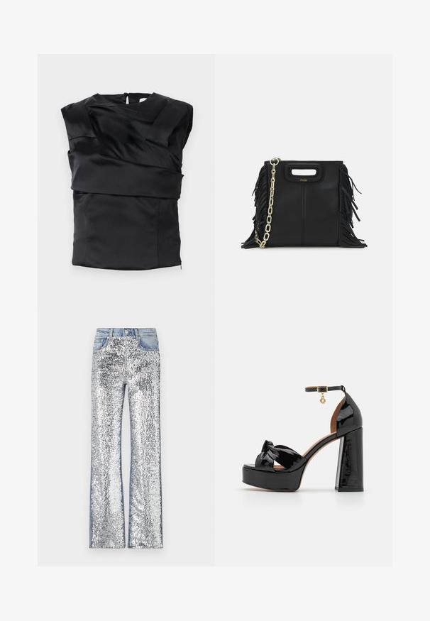 Top din satin negru, având un design structurat cu umeri lăți și un panou frontal asimetric, închis cu un fermoar la spate.; Jeans din paiete argintii cu un design evazat, cu un brâu și laterale din denim, creând o suprafață texturată și reflectorizantă.; Maje Sandale cu toc - noir; Geantă de mână din piele neagră cu detalii din franjuri, curea de umăr din lanț auriu și un mâner cu tăietură. Prezintă plasarea logo-ului pe față.