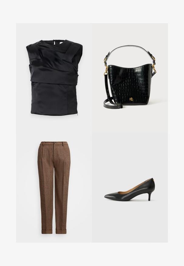 Sort satin top med en struktureret design, brede skuldre og en asymmetrisk frontpanel, lukket med en lynlås i ryggen.; Brune plaid bukser med en skræddersyet pasform, der har plisseringer, en knaplukning og manchetter. Tekstureret stof med orange detaljer.; Sorte læderpumper med spids tå, lav hæl og en glat tekstur. Har en let åbning foran og minimal hardware bagpå.; Sort lædertaske med krokodilleprægning, rundet form, guldhardware-detaljer, justerbar rem og logodekal foran.