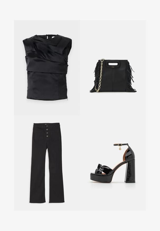 Musta satiinitoppi, jossa on rakenteellinen muotoilu leveillä hartioilla ja epäsymmetriseellä etupaneelilla, joka on suljettu vetoketjulla takana.; Mustat farkut, joissa on leveät lahkeet, korkea vyötärö, viisi taskua ja edessä neljä metallista nappia.; Maje Korolliset sandaalit - noir; Musta nahkakäekott, millel on frantsiisidetailid, kuldne õlgade rihm ja lõikega käepide. Ees on logo paigutus.