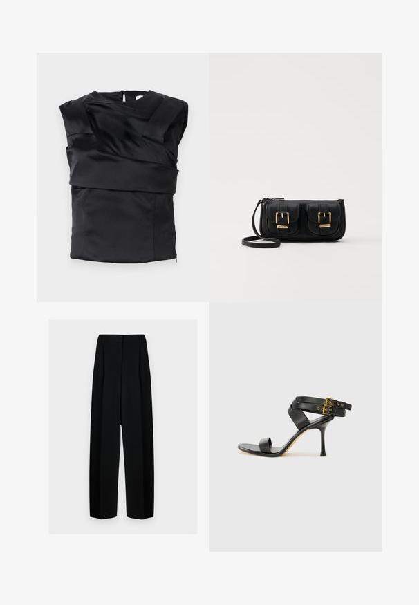 Zwarte satijnen top met een gestructureerd ontwerp, brede schouders en een asymmetrisch voorpaneel, afgesloten met een rits aan de achterkant.; Zwarte wijde broek met een hoge taille, met plooien en een gladde textuur. De stof lijkt lichtgewicht en valt elegant.; Zwarte hoge hak sandaal met gekruiste bandjes en verstelbare gespsluiting. Heeft een gladde textuur en een taps toelopende stilettohak.; Zwarte leren schoudertas met twee vo pockets, gouden gespen, ritsluiting en een smalle band. Tekstuur oppervlak en compacte rechthoekige vorm.