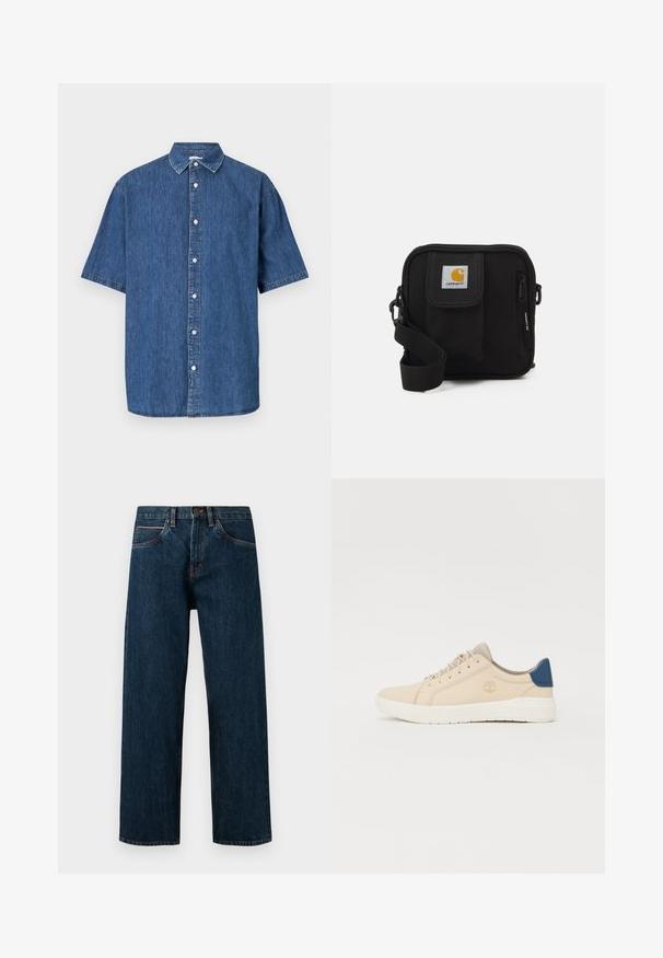 Camicia in denim a maniche corte di colore blu scuro. Presenta una chiusura con bottoni, colletto classico e dettagli cuciti lungo i bordi.; Jeans in denim blu scuro con taglio dritto, dotati di cinque tasche e cuciture arancioni a contrasto lungo le cuciture.; Sneakers beige in suede, con suola bianca, lacci beige e un dettaglio blu sul tallone. Logo impresso di lato.; Borsa a tracolla nera con un compartimento principale con zip, tasca frontale, tracolla regolabile e una patch del logo visibile sul risvolto.