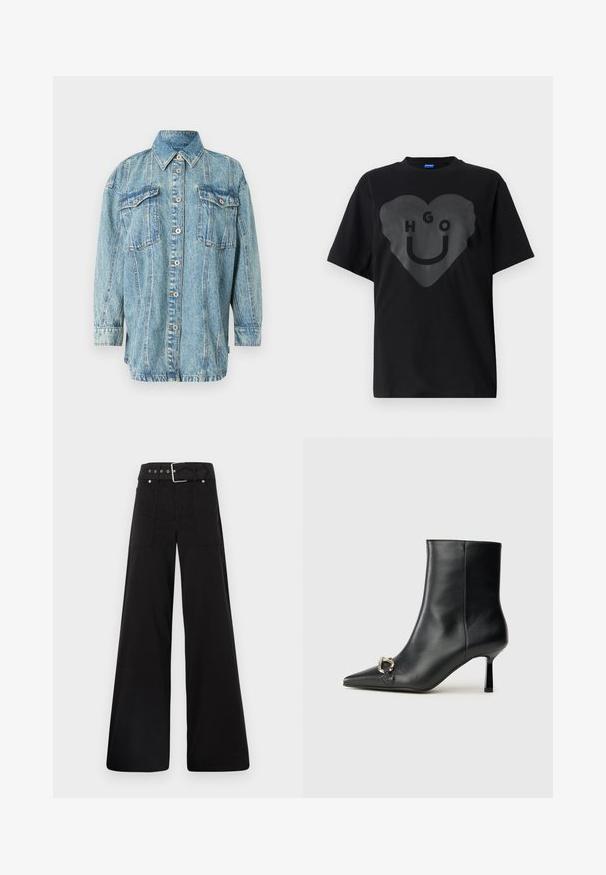 Light blue denim jacket with long sleeves, a collar, two front pockets, and button closure, featuring vertical stitching and a relaxed fit.; Black t-shirt, oversized fit, featuring a large heart graphic with the text "HGO" and a smiley face in a glossy finish on the front.; Black wide-leg trousers made from cotton, featuring a high waist, large side pockets, and a belted waist with silver hardware accents.; Black leather ankle boot with pointed toe, slim mid-height heel, and silver buckle detail on side against plain background.