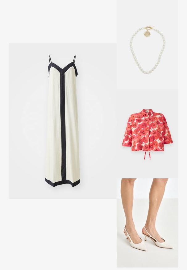 Chemise courte à manches courtes avec un motif floral de coquelicots rouges sur fond blanc, un col et un détail de lien à l'avant pour la fermeture.; Robe maxi sans manches en crème avec un décolleté en V profond et des finitions noires le long des bords et à l'avant. Fabriquée en tissu léger.; Escarpins à talon slingback en cuir verni beige avec un bout pointu et un talon de 5 cm, présentant des côtés découpés et une fine bride à la cheville.; Sac à main floral blanc avec une surface en tissu froncé, une chaîne en métal doré et un fermoir en métal. Présente des pétales texturés pour plus de détail.; Lauren Ralph Lauren COLLAR - Collier - gold-coloured/white