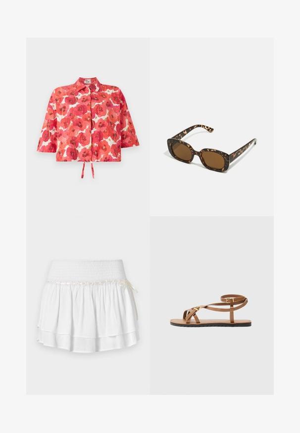 Kurzärmliges, gekürztes Hemd mit rotblütenmuster, weißem Hintergrund, Kragen und einem vorderen Bindedetail zum Schließen.; Weißer Stufenrock mit elastischem Bund, der mit einem strukturierten Rüschenmuster und einem dekorativen Bandakzent versehen ist. Baumwollstoff.; Braune Ledersandale mit dünnem Riemendesign, ausgestattet mit einer goldfarbenen Schnalle und einer flachen schwarzen Sohle mit Zickzackkante.; Schildpatt-Sonnenbrille mit einem runden, klobigen Rahmen und braunen Gläsern. Verfügt über dezente Muster und gerade, zulaufende Bügel.; Navy Seidenschal mit einem Grafikmotiv eines braunen Pferdereiters, einem dekorativen blauen Seilmuster und dem Text "LEVI'S GETRAGEN VON ALLEN COWBOYS" in Rot.; Geflochtene Strohttasche mit geflochtener Textur, dunkelbraunen Ledergriffen und Boden, breiter runder Form und offenes Oberteil.