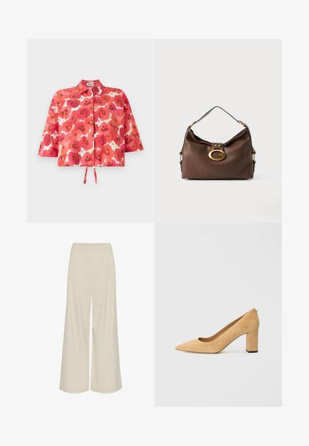 Koszulka z krótkim rękawem, skrócona, w czerwony wzór maków na białym tle, z kołnierzykiem i z przodu zawiązywanym sznurkiem.; Szerokie spodnie w jasnym beżowym materiale, z plisami, wysokim stanem i gładką fakturą bez widocznych ozdób.; Beżowe zamszowe czółenka na wysokim obcasie z ostrym noskiem i szerokim słupkiem. Materiał ma miękką fakturę i gładkie wykończenie.; Brązowa skórzana torebka o teksturowanym wykończeniu, z zapięciem w kolorze złota i pojedynczym, zakrzywionym paskiem na ramię.