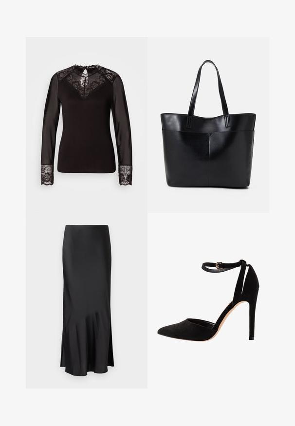 Musta pitkähihainen toppi pitsikoristeilla, jossa on kukkainen pitsiolkainten, läpinäkyvät hihat ja pitsikädensijat sekä yksityiskohtaiset aallotetut reunat.; Musta satiinimidihelma, jossa on tyylikäs muotoilu, hienovarainen flare helman kohdalla ja sivuaukko liikkumisen helpottamiseksi. Sujuva rakenne.; Mustat mokkakengät korkeilla koroilla, kärki terävä, nilkkahihnalla ja stiletto-korko. Suunnittelussa on sileä pinta ja vähäisiä yksityiskohtia.; Musta nahkainen kassi, jossa on kaksi pitkää kahvaa, sileä pinta ja jämäkkä muoto. Sisältää etutaskun lisävarastointia varten.