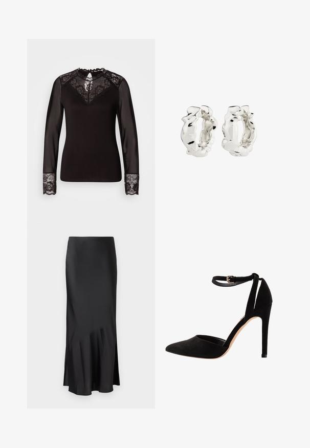 Sort langærmet top med blonder, der har en blomsterblonde yoke, gennemsigtige ærmer og blonde manchetter, detaljerede scallop kanter.; Sort satin midi-skirt med et elegant design, der har en let flared kant og en sideslids for nem bevægelse. Glat tekstur.; Sorte ruskind højhælede sko med spids tå, ankelrem og stiletto hæl. Designet har en glat tekstur med minimal detaljer.; Sølvøreringe i loop med et struktureret, uregelmæssigt design. Overfladen er reflekterende og fremhæver kurver og konturer. Det indre rum er hul.