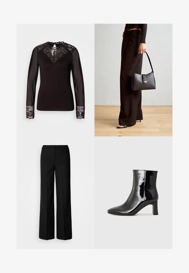 Haut noir à manches longues avec des accents en dentelle, présentant un empiècement en dentelle florale, des manches transparentes et des poignets en dentelle, avec des bords scallopés détaillés.; Pantalons larges noirs en tissu lisse, dotés d'une taille haute, de coutures taillées et d'un design minimaliste. Aucun matériel visible ni poches.; Bottines en cuir verni noir avec un bout pointu et un talon block de hauteur moyenne. Texture lisse et design minimaliste.; Sac à main noir à la forme structurée, texture lisse et fermoir métallique. Associé à un pantalon noir ample et des sandales ouvertes sur un sol en bois.