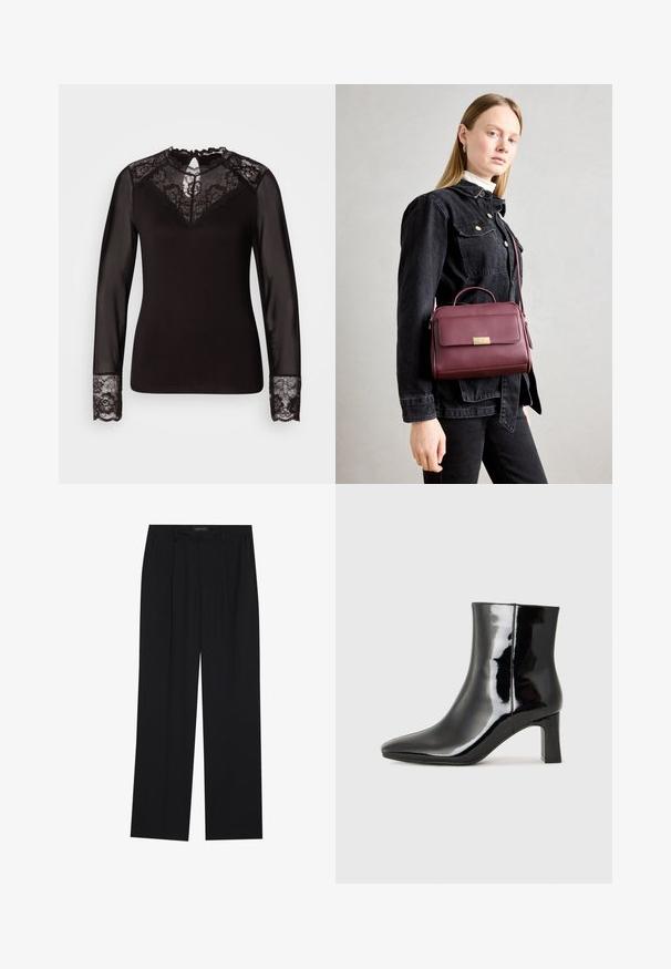 Top negru cu maneci lungi, cu accente de dantelă, având un yoke floral din dantelă, maneci transparente și mansete din dantelă, cu margini detaliate în formă de scallop.; Pantaloni negri cu un design drept, dotati cu doua buzunare frontale si un talie. Fabricati dintr-un material usor si neted.; Botine negre din piele lacuită, cu vârful ascuțit și toc bloc de înălțime medie. Textură netedă și design minimalist.; Geantă de mână din piele burgundă cu cataramă aurie, formă structurată, mânere superioare și curea de umăr reglabilă. Modelul poartă o jachetă din denim.