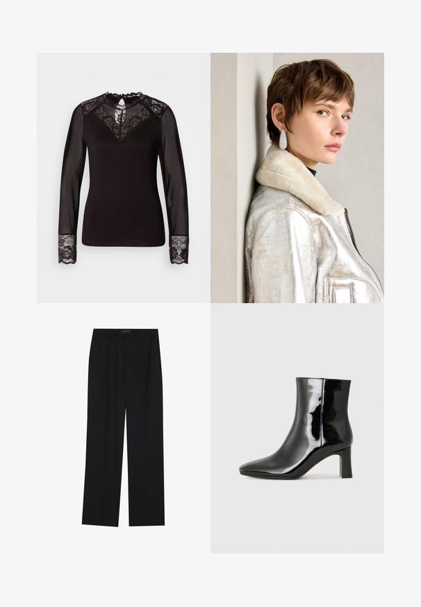 Haut noir à manches longues avec des accents en dentelle, présentant un empiècement en dentelle florale, des manches transparentes et des poignets en dentelle, avec des bords scallopés détaillés.; Pantalons noirs à coupe droite, dotés de deux poches avant et d'une taille. Fabriqués dans un tissu lisse et léger.; Bottines en cuir verni noir avec un bout pointu et un talon block de hauteur moyenne. Texture lisse et design minimaliste.; Veste en cuir métallique argenté avec col en shearling, dotée d'une fermeture éclair et d'une surface texturée. Grandes boucles d'oreilles en goutte d'eau avec des pierres précieuses transparentes.