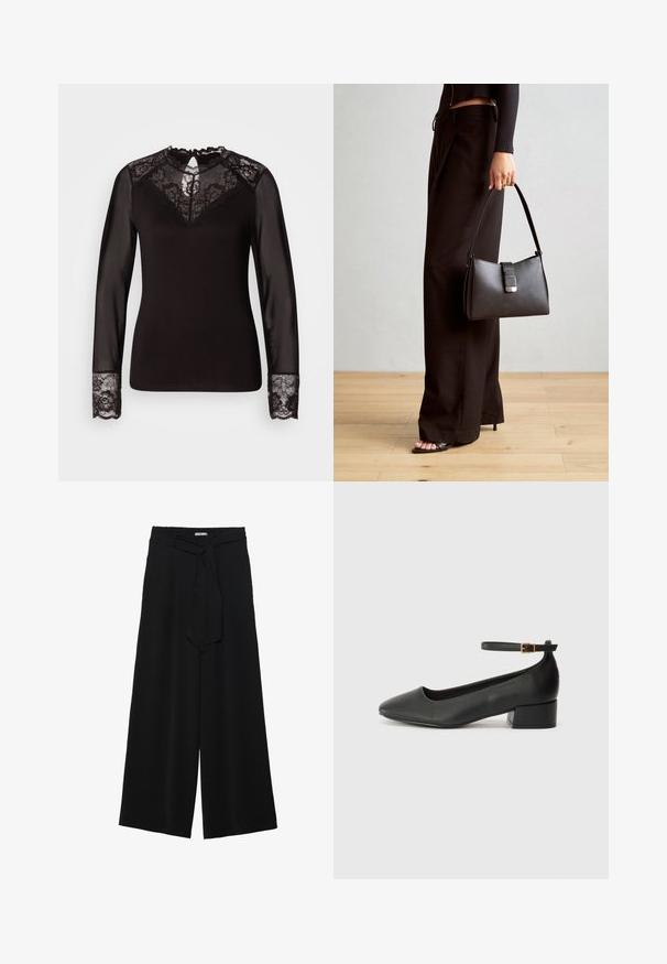 Top negro de manga larga con acentos de encaje, que presenta un yugo de encaje floral, mangas transparentes y puños de encaje, con bordes con forma de concha detallados.; Pantalones de pierna ancha negros con un tejido texturizado, una cinturilla elástica y un lazo desmontable en la cintura para un ajuste ajustable.; Zapato de tacón negro de cuero con punta afilada y tacón bajo cuadrado. Presenta una correa para el tobillo con una hebilla en tono dorado. Textura suave.; Bolso negro con forma estructurada, textura suave y un cierre metálico. Combinado con pantalones anchos negros y sandalias de dedo en un suelo de madera.
