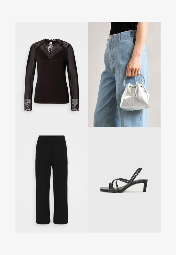 Fekete, hosszú ujjú felső, csipkebetétekkel, virágos csipke vállrésszel, áttetsző ujjal és csipke mandzsettával, díszített ívelt szélekkel.; Fekete, bőszárú nadrág sima anyagból, lapos elülső résszel, övhurkokkal és látható zsebek nélkül. Tiszta, igényesen szabott dizájn.; Fekete pántos szandál négyzetes orral és alacsony blokk sarkal. Több vékony pánttal és állítható boka pánttal rendelkezik. Sima bőrből készült.; Fémes ezüst színű vödör táska, texturált felülettel, ezüst kerek füllel és húzózárral, világoskék farmer mellett tartva.