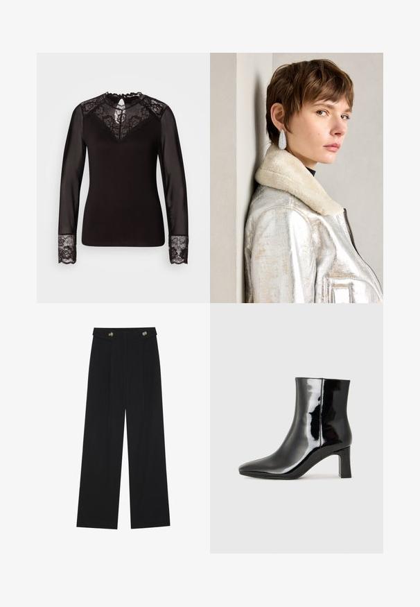 Melnā garo piedurkņu blūze ar mežģīņu akcentiem, ietverot ziedu mežģīņu yoke, caurspīdīgas piedurknes un mežģīņu aproces, ar izsistām malām.; Melnas platās bikses ar augstu jostasvietu, pogu detaļām uz jostas un priekšējām krokām.; Melnas patentētas ādas potīšu zābaki ar norādītu pirkstu un vidēja augstuma kvadrātveida papēdi. Gluda tekstūra un minimālisma dizains.; Sudraba metāla ādas jakas ar aitu vilnas apkakli, piedāvā rāvējslēdzēju un teksturētu virsmu. Lielas asaru formas auskari ar caurspīdīgiem dārgakmeņiem.