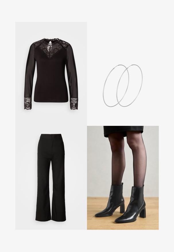 Maglietta nera a maniche lunghe con dettagli in pizzo, caratterizzata da un corpetto in pizzo floreale, maniche trasparenti e polsini in pizzo, con bordi ondulati lavorati.; Pantaloni neri a gamba larga con texture liscia, vita alta e design semplice. Nessuna tasca visibile o decorazioni.; Stivaletti neri in pelle con punta affusolata, tacco quadrato imponente e design elegante. Dotati di pannelli laterali elasticizzati per una facile vestibilità.; Orecchini a cerchio in argento con un design minimalista. Forma circolare, superficie liscia e profilo sottile. Leggeri con una finitura lucida.