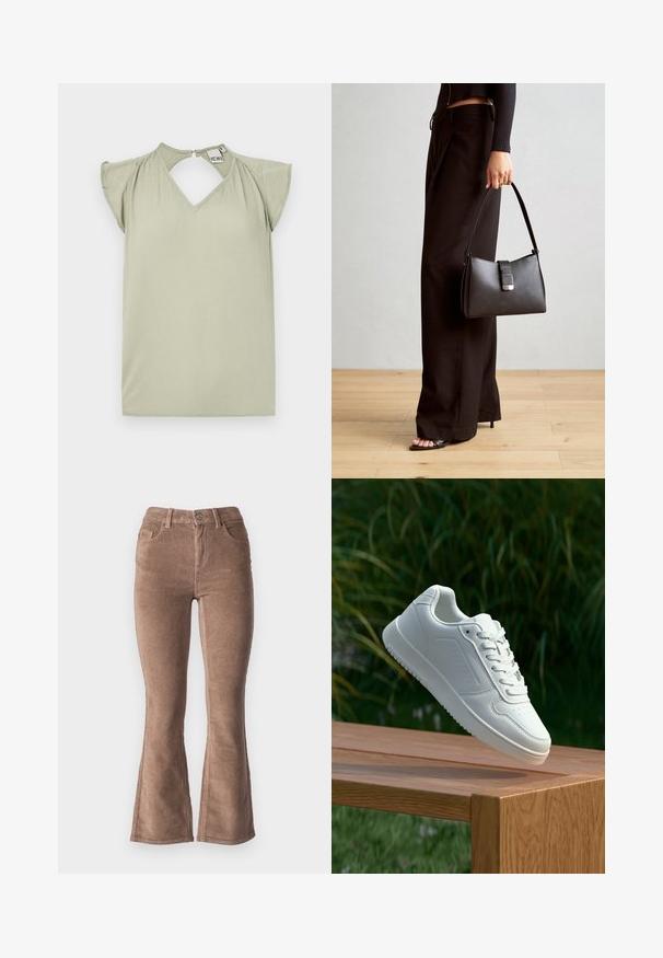Maglietta a maniche corte di un verde chiaro con scollatura a V e dettaglio a chiave sulla schiena. Realizzata in tessuto morbido; presenta delicate ruches sulle spalle.; Pantaloni a zampa d'elefante in corduroy marrone con una texture a coste, dotati di vita alta, cinque tasche e chiusura con bottone frontale.; Sneaker bianco con tomaia in sintetico liscio, punta perforata, lacci piatti e suola testurizzata, esposto su una superficie di legno.; Borsa nera con forma strutturata, texture liscia e una chiusura metallica. Abbinata a pantaloni neri larghi e sandali open-toe su un pavimento in legno.
