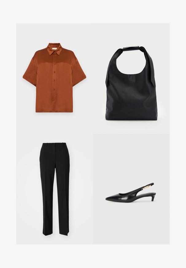 Brown satin short-sleeve shirt featuring a classic collar, button front closure, and a smooth, glossy texture.; Black tailored trousers with a straight-leg design, featuring a smooth texture and crisp creases along the front. No visible hardware.; Black leather slingback heels with a pointed toe, featuring a slim heel and a gold-tone accent on the adjustable strap. Smooth texture.; Black leather hobo bag with a single, soft, rounded handle; features a smooth texture and a minimalist design. No visible hardware or accents.