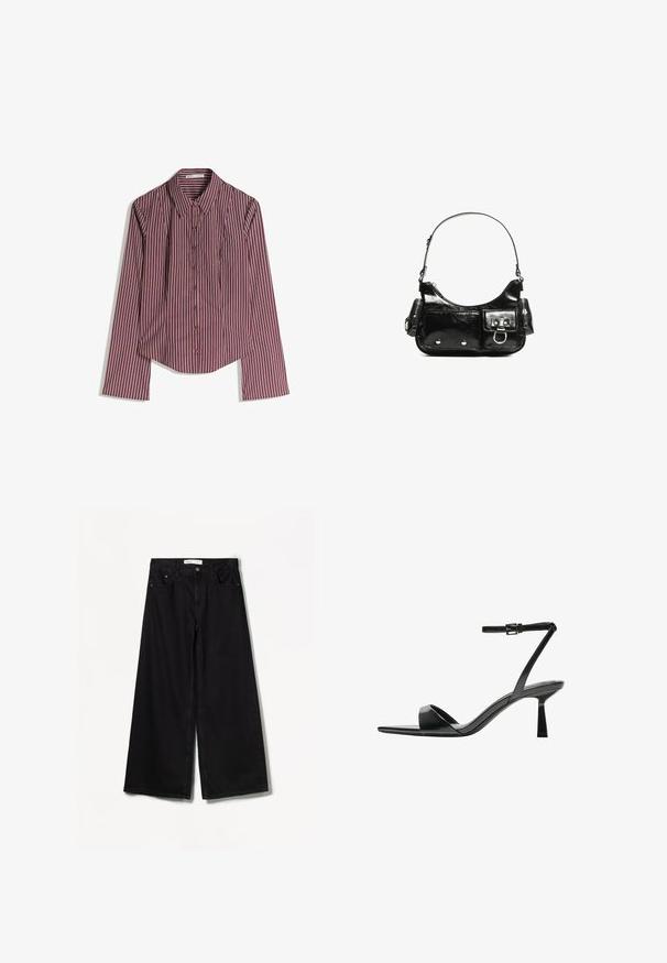Button-up long-sleeve shirt with maroon and white vertical stripes and a pointed collar, laid flat on a white background.; Bershka WIDE-LEG - Wide Leg - black; Bershka High heeled sandals - black; Black patent leather handbag with a curved shape, one shoulder strap, front pockets, and silver-tone hardware accents.