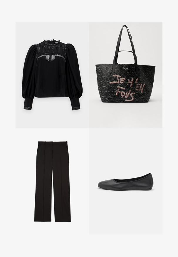 Zwarte blouse met een hoge kantenkraag, geplooide voorkant en puffmouwen. Kanten accenten bij de halslijn en manchetten voegen detail toe. Gladde textuur.; Zwarte op maat gemaakte broek van een gladde stof, met een rechte pijp en twee zijzakken. Elegante en minimalistische constructie.; Zwarte leren ballerina met een ronde neus, gladde textuur, minimale stikdetails en een flexibele zoolontwerp.; Zwarte tote bag van gestructureerd materiaal met een diamanten patroon, schouderbanden en vetrode en witte tekst met de tekst "JE M'EN FOUS."