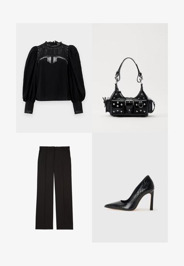 Black blouse with a high lace collar, pleated front, and puffed sleeves. Lace accents at the neckline and cuffs add detail. Smooth texture.; Black tailored trousers made of a smooth fabric, featuring a straight-leg design, and two side pockets. Elegant and minimalistic construction.; Black pointed-toe high heel shoe with a crocodile-skin texture, featuring a sleek design, high stiletto heel, and smooth black interior.; Black leather handbag with a curved design, featuring silver studs, a buckle, and two side pockets. Adjustable strap for carrying options.
