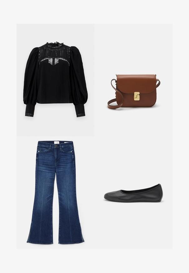 Zwarte blouse met een hoge kantenkraag, geplooide voorkant en puffmouwen. Kanten accenten bij de halslijn en manchetten voegen detail toe. Gladde textuur.; Donkerblauwe uitlopende jeans gemaakt van denim. Beschikt over een hoge taille, voorzakken en splitdetails aan de zoom. Klassiek vijfzakontwerp.; Zwarte leren ballerina met een ronde neus, gladde textuur, minimale stikdetails en een flexibele zoolontwerp.; Bruine leren handtas met een klep sluiting, gouden hardware, een schouderband en een gladde textuur. Compact rechthoekige vorm.