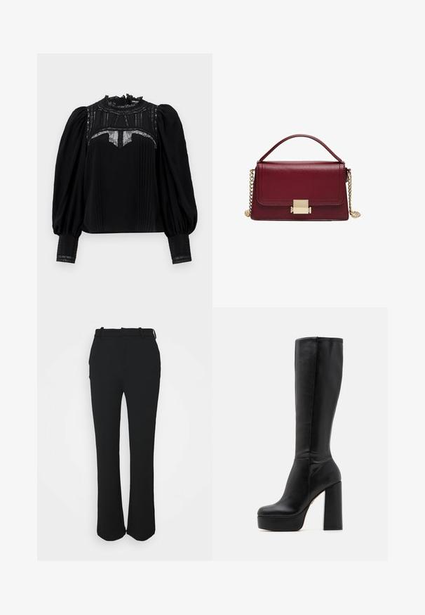Schwarze Bluse mit hohem Spitzenkragen, gefaltetem Vorderteil und puffigen Ärmeln. Spitzenakzente am Ausschnitt und an den Bündchen verleihen zusätzliches Detail. Glatte Textur.; Schwarze, maßgeschneiderte Hose mit glatter Oberfläche, geradem Bein-Design und einem Bund. Verfügt über subtile Nähte und keine Taschen.; Schwarze knielange Stiefel aus glattem Leder mit strukturierter Oberfläche, ausgestattet mit einem hohen Blockabsatz und einem runden Zehendesign.; Bordeauxfarbene Lederhandtasche mit strukturiertem Design, goldfarbenem Hardware-Verschluss und abnehmbarem Kettenriemen. Glatte Textur und rechteckige Form.