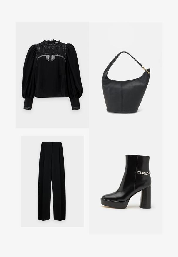 Blusa negra con un alto cuello de encaje, frente plisado y mangas abullonadas. Los detalles de encaje en el escote y los puños añaden un toque especial. Textura suave.; Pantalones de pierna ancha negros con cintura alta, que presentan pliegues y una textura suave. El tejido parece ligero y se drapea de forma elegante.; Botín de tobillo de charol negro con plataforma chunky y tacón alto en bloque. Presenta un acento de cadena plateada en el lateral. Textura suave.; Bolso de cuero negro con forma redondeada, un strap ancho y un acabado texturizado. Presenta un sutil detalle de costura y un acento de hardware en tono dorado.
