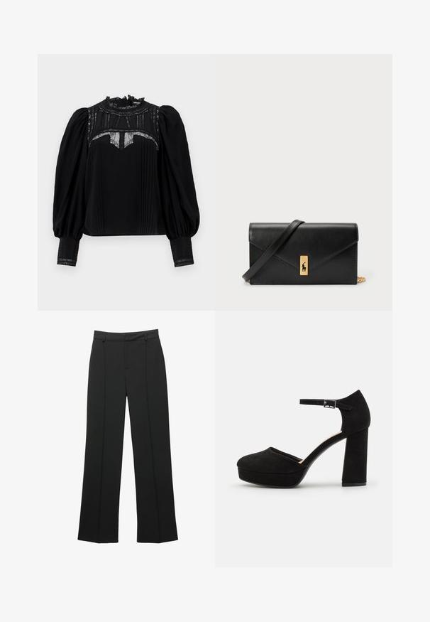 Črna bluza z visokim čipkastim ovratnikom, nabranim sprednjim delom in napihnjenimi rokavi. Čipkasti detajli ob izrezu in manšetah dodajajo posebno noto. Gladka tekstura.; Črne široke hlače visokega pasu z zankami za pas in sprednjim šivom, prikazane na beli podlagi.; Črne semiš platform škornje z debelim blokastim peto, zaobljenim nosom in gležnjico, ki jo drži kovinska zaponka. Gladka tekstura po celotni površini.; Črna usnjena denarnica s prepognjenim pokrovom, zlato okovje, ki vključuje poudarek z logotipom. Vključuje odstranjljivo naramnico za nošenje.
