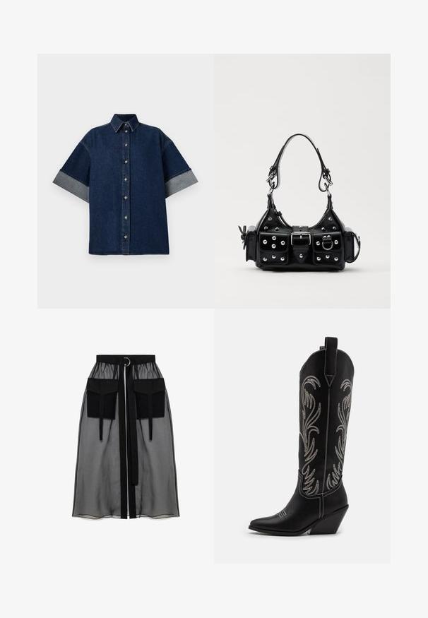 Tmavě modrá džínsová košile s krátkými, ohrnutými rukávy v světlejší džínsovině. Má klasický límec a přední knoflíky. Hladká textura, ležérní design.; Černá průhledná sukně s nařaseným pasem, která má dvě velké přední kapsy, páskový uzávěr a kulatý kovový akcent.; Černé kožené kovbojské boty s špičatými špičkami, podpatky ve tvaru klínu a stříbrně vyšívanými květinovými vzory po celé délce. Kontrastní prošívání po celém obvodu.; Černá kožená kabelka s křivkovým designem, zdobená stříbrnými hřebíky, s přezkou a dvěma bočními kapsami. Nastavitelný popruh pro různé možnosti nošení.