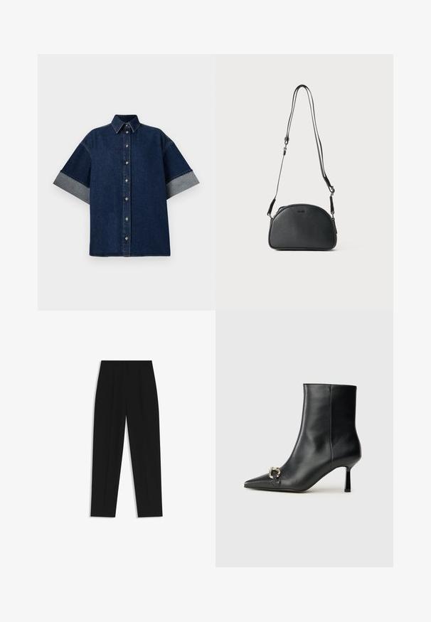 Camicia in denim scuro con maniche corte arrotolate in denim più chiaro. Presenta un colletto classico e bottoni frontali. Texture liscia e design casual.; Pantaloni neri a taglio dritto, con doppie pieghe, una texture liscia e un design classico in vita. Nessun hardware o dettaglio visibile.; Stivale alla caviglia in pelle nera con punta affusolata, tacco sottile di media altezza e dettaglio in fibbia argentata sul lato, su sfondo semplice.; Borsa a tracolla in pelle nera di forma arrotondata, con due cinturini regolabili e un logo sottile sulla parte anteriore. Esterno testurizzato, design minimalista.